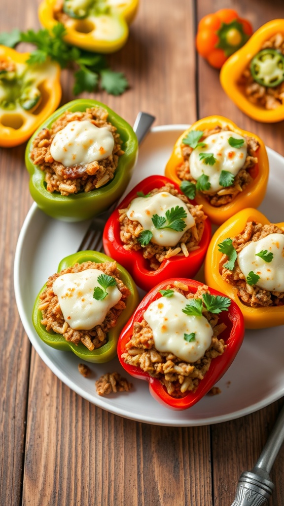 Stuffed bell peppers filled with ground beef, rice, and topped with melted cheese, garnished with parsley on a rustic table.